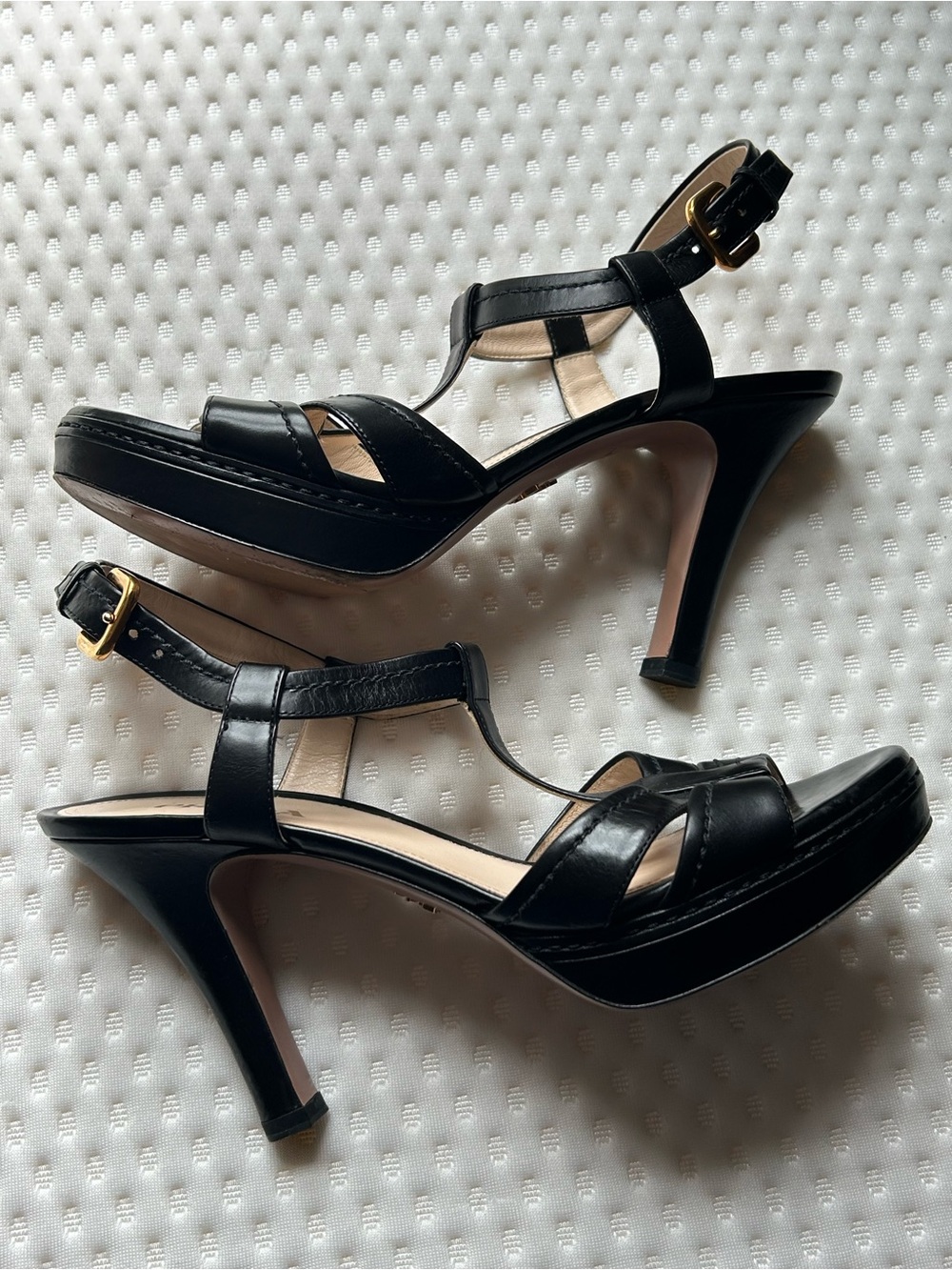 Prada Black Leather T-Strap Platform High Heel Sandals EU 38 Italy